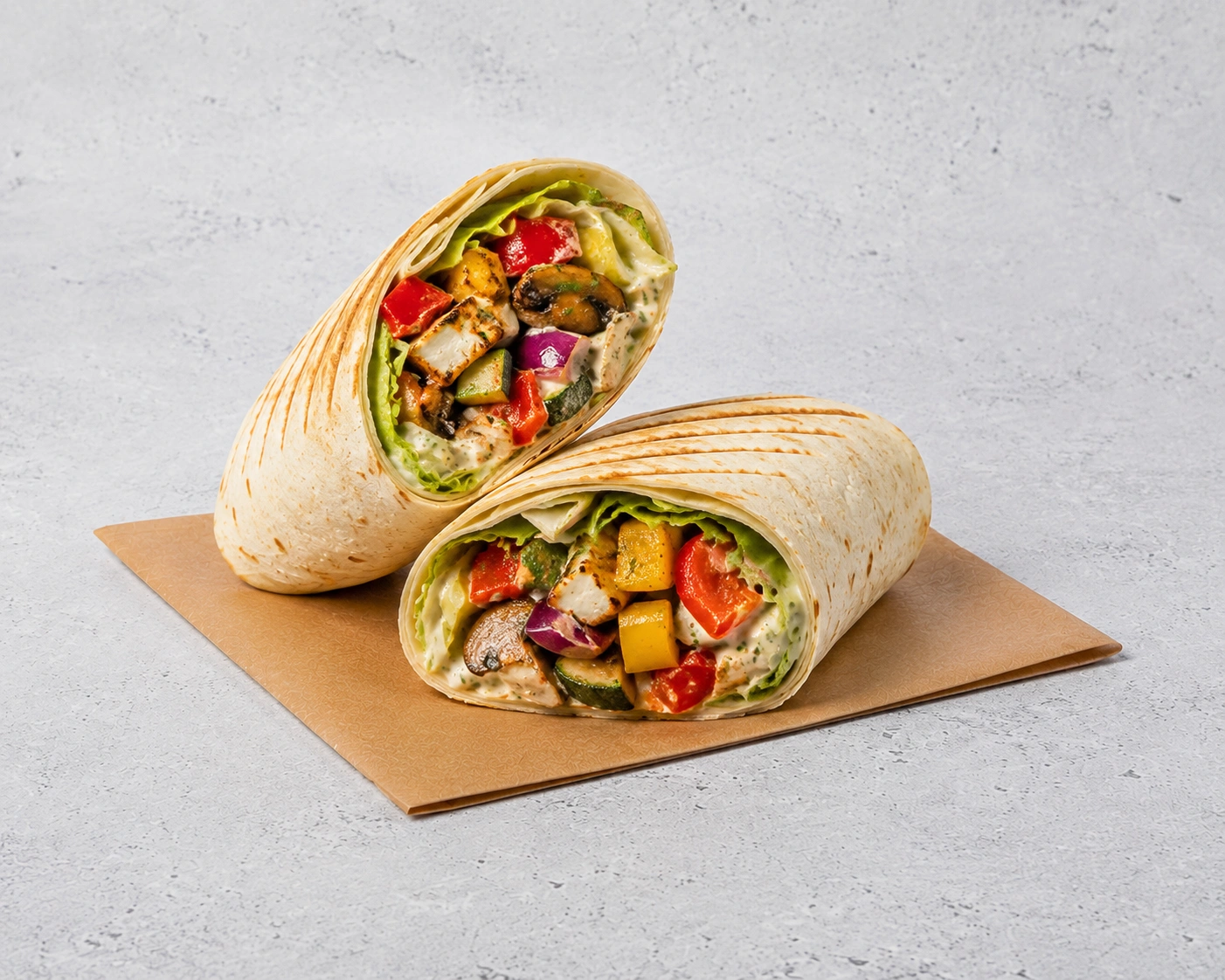 Veggie Wrap with chickpea curry, carrots, cucumber and crispy fries